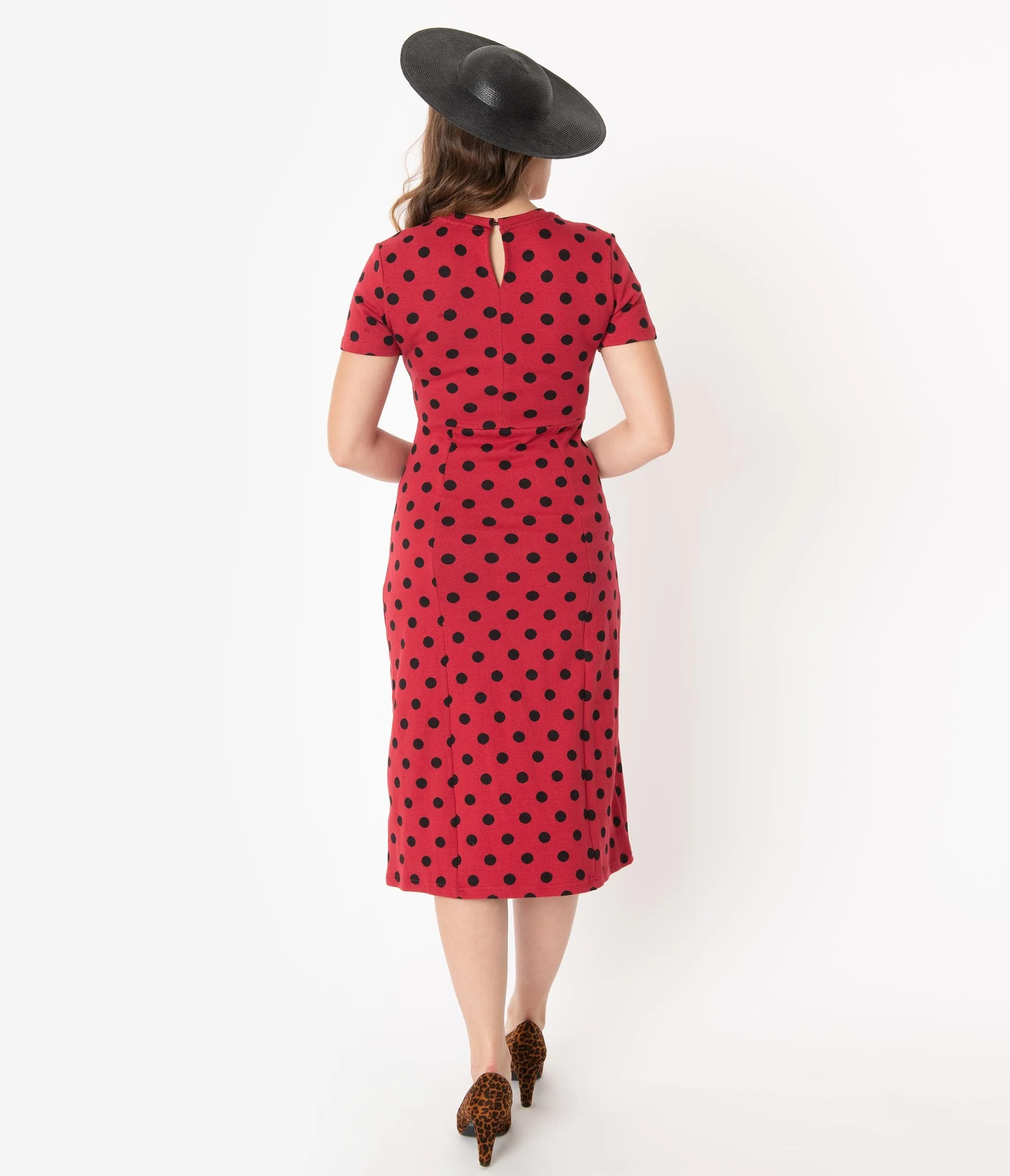 1960s Style Red & Black Polka Dot Wiggle Dress
