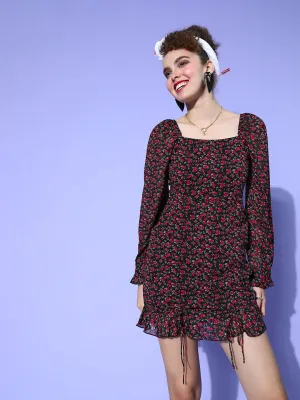 Berrylush Women Black & Red Floral Printed Square Neck Georgette Ruched Bodycon Mini Dress