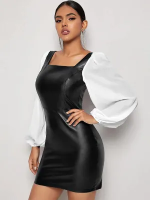 Bishop Sleeve Mixed Media Bodycon Dress