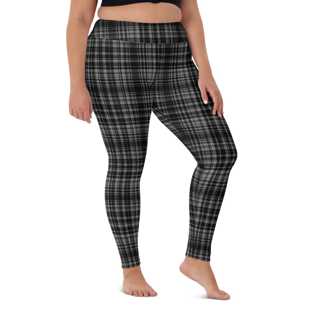 Black Grey Plaid Yoga Leggings, Scottish Tartan Printed Long Yoga Tights For Ladies-Made in USA/EU/MX