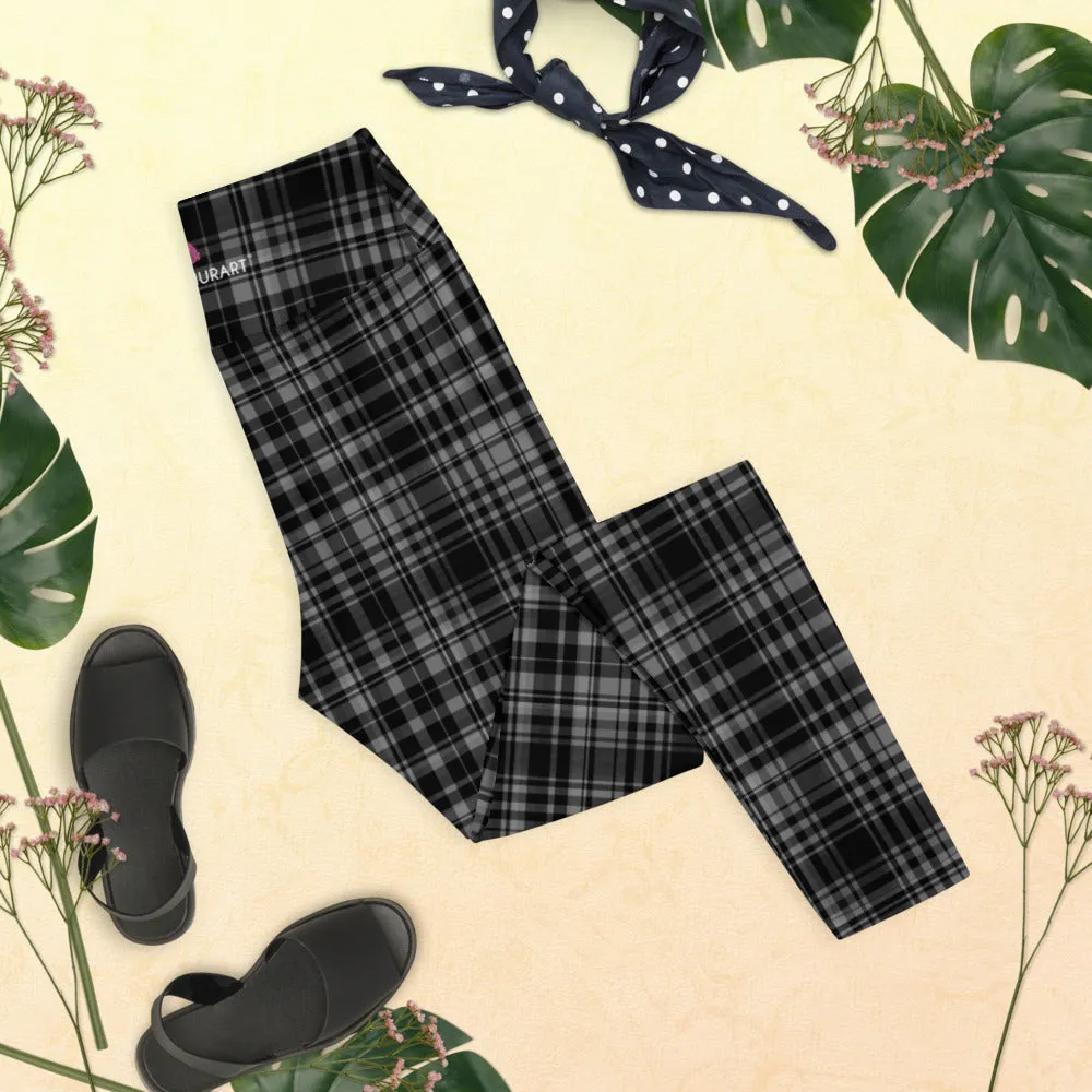 Black Grey Plaid Yoga Leggings, Scottish Tartan Printed Long Yoga Tights For Ladies-Made in USA/EU/MX