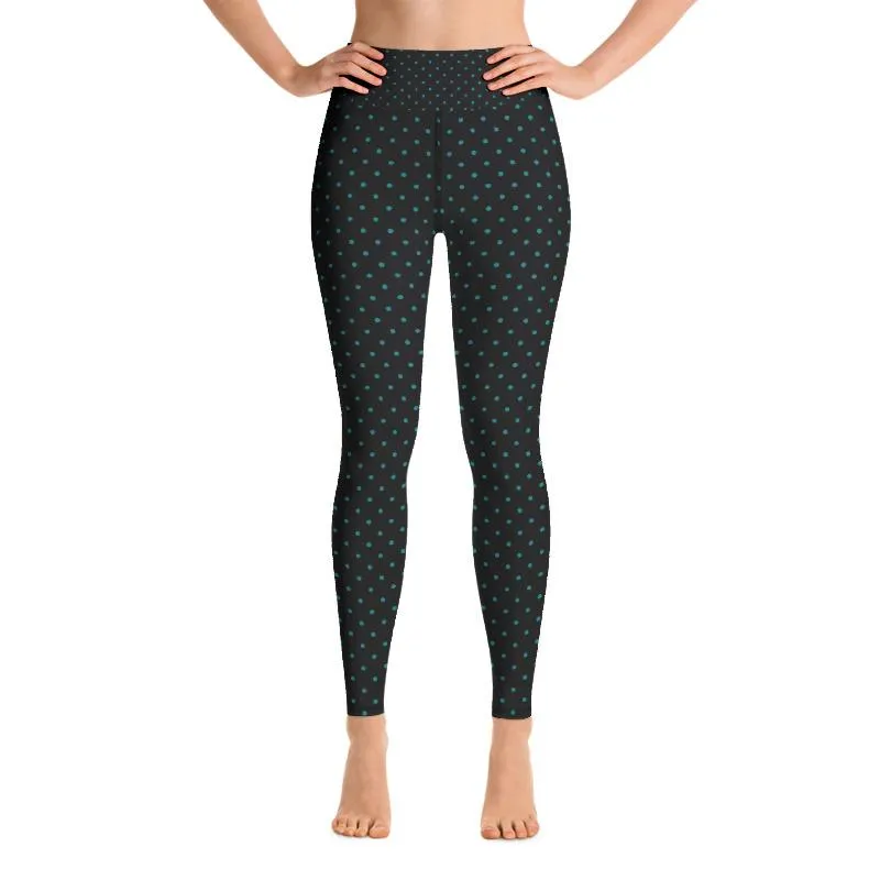 Blue Dots Print Women's Leggings, Blue Polka Dots Black Yoga Pants- Made in USA/EU