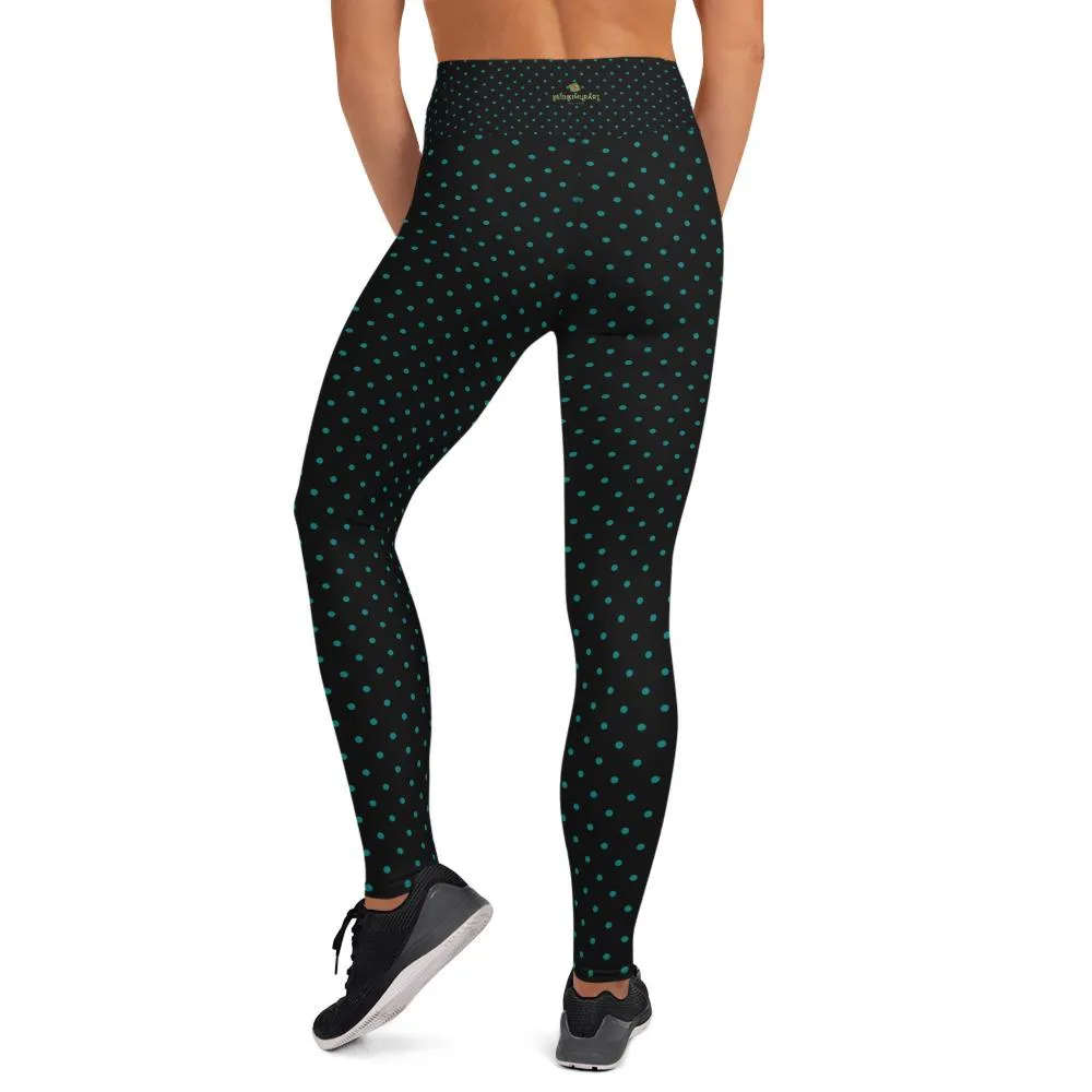 Blue Dots Print Women's Leggings, Blue Polka Dots Black Yoga Pants- Made in USA/EU