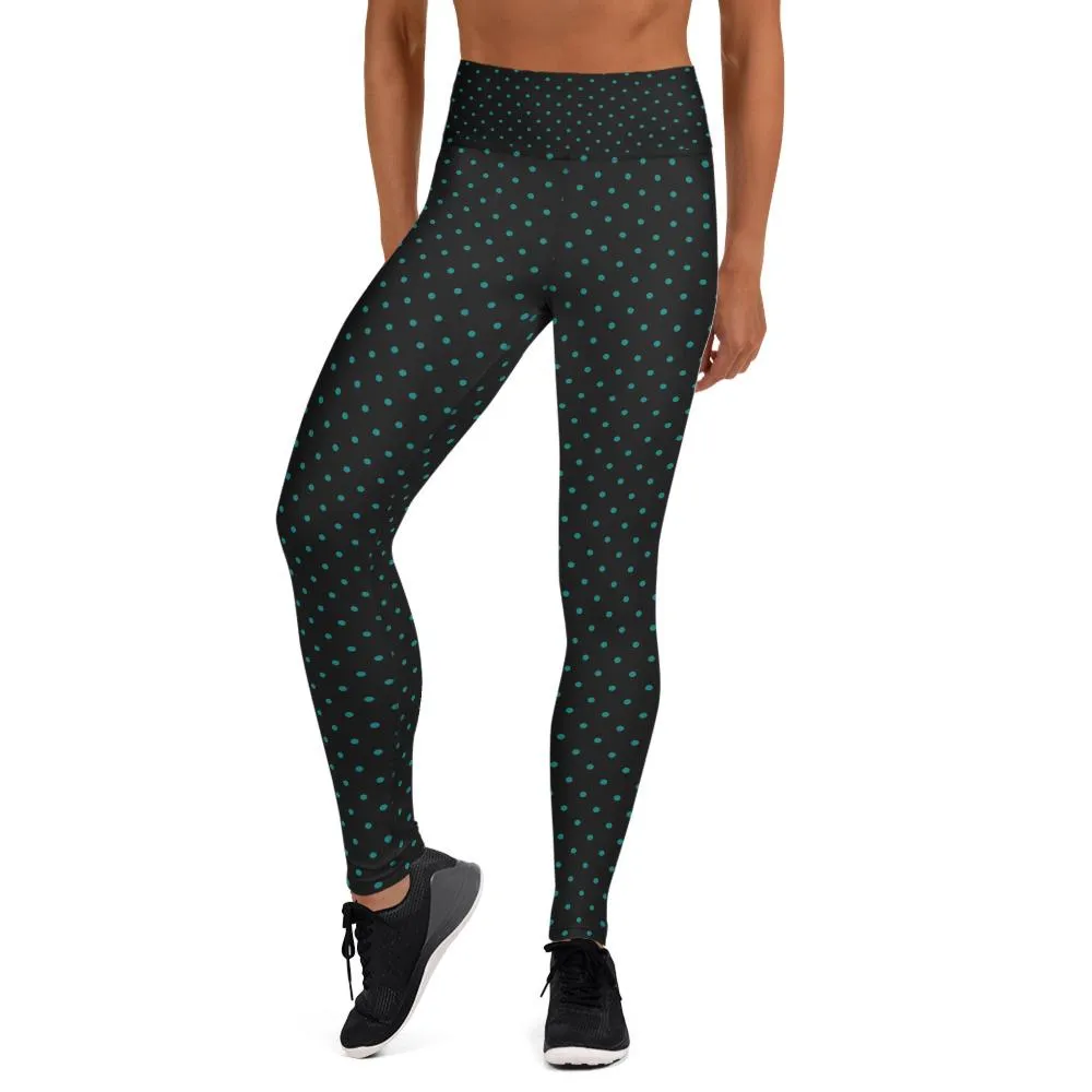 Blue Dots Print Women's Leggings, Blue Polka Dots Black Yoga Pants- Made in USA/EU
