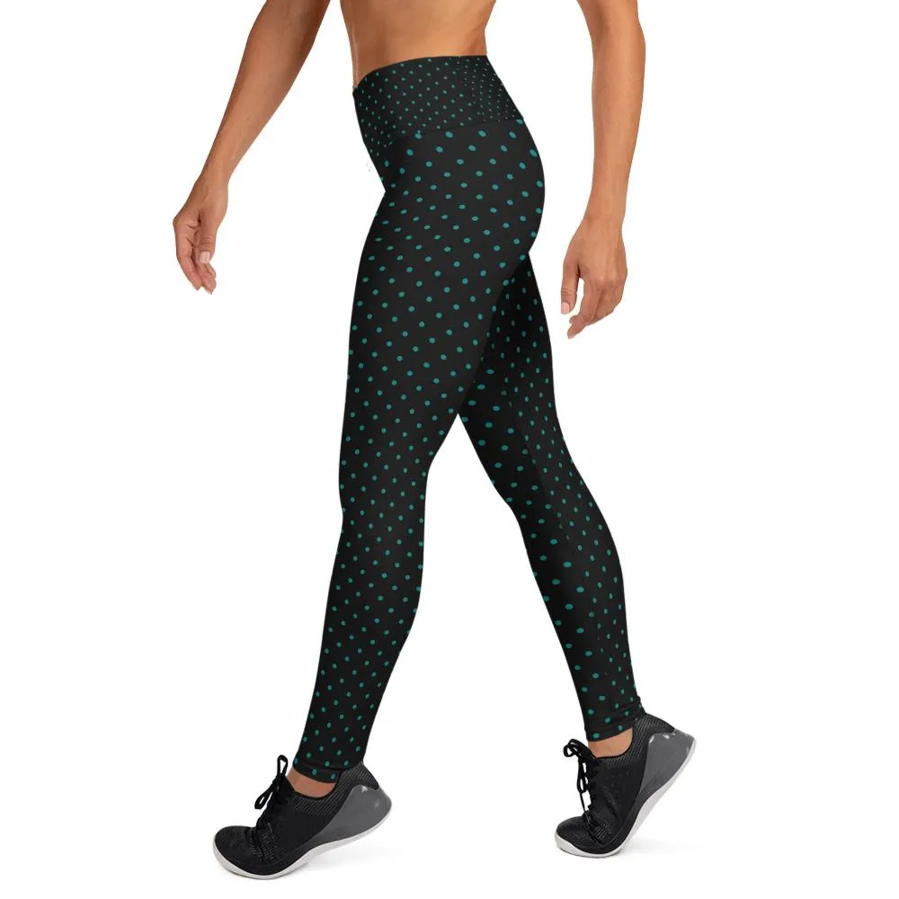 Blue Dots Print Women's Leggings, Blue Polka Dots Black Yoga Pants- Made in USA/EU