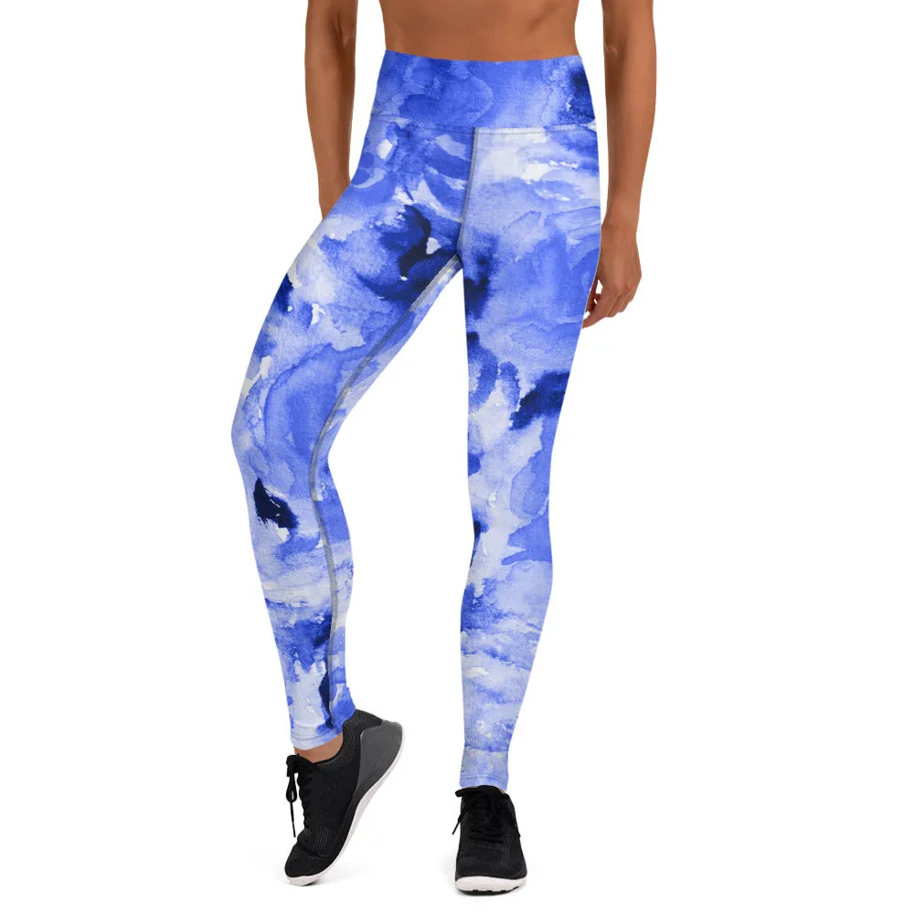 Blue Floral Print Yoga Leggings, Flower Rose Printed Women's Long Gym Tights-Made in USA/EU/MX