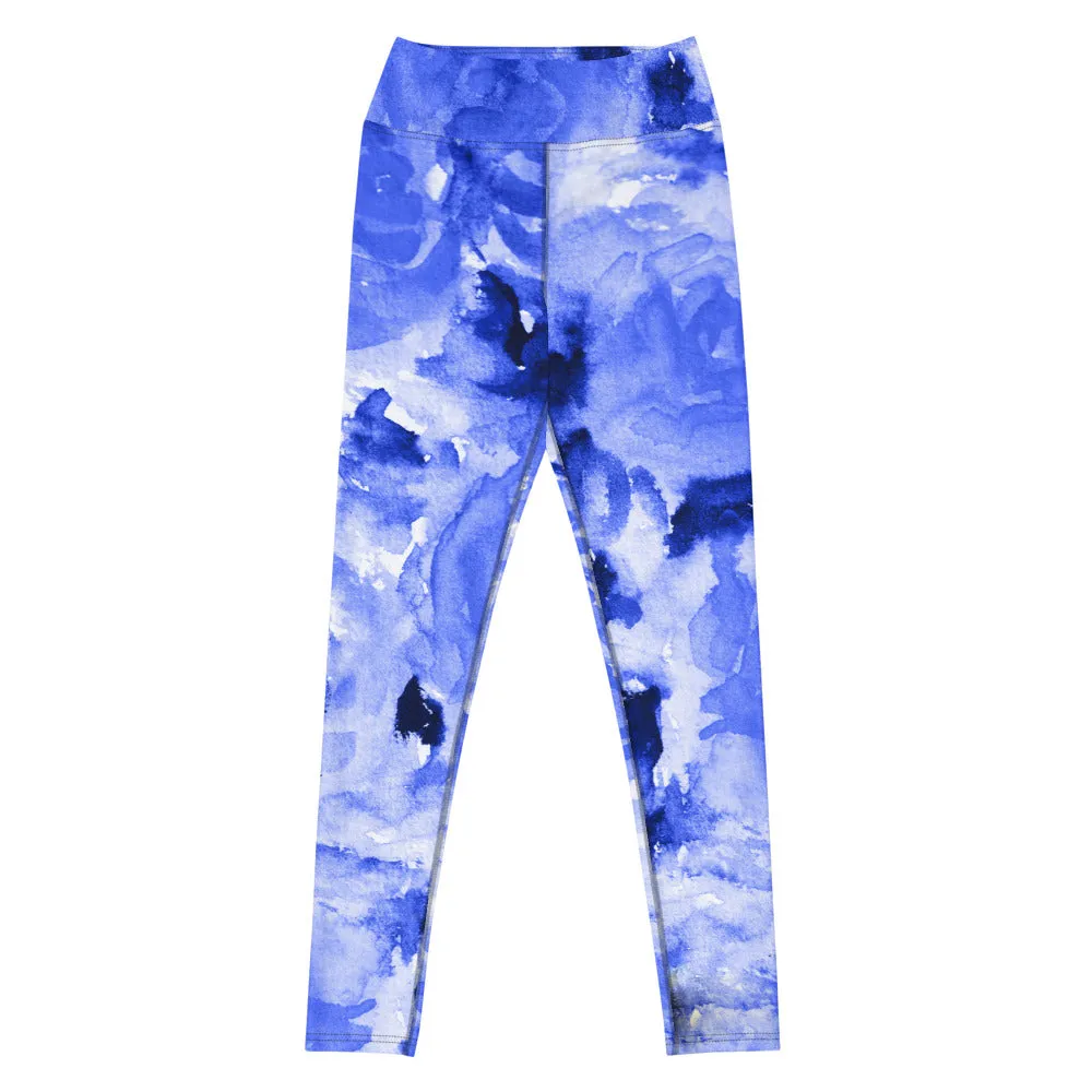 Blue Floral Print Yoga Leggings, Flower Rose Printed Women's Long Gym Tights-Made in USA/EU/MX