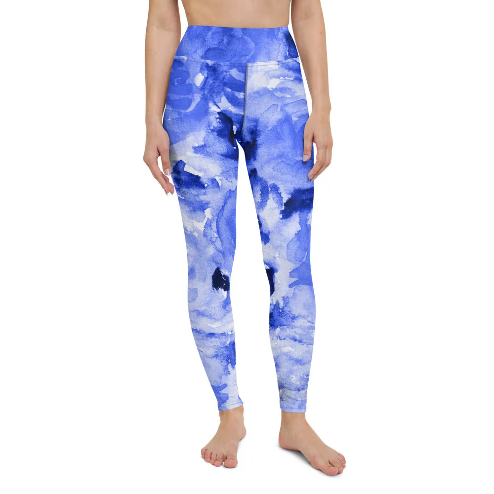 Blue Floral Print Yoga Leggings, Flower Rose Printed Women's Long Gym Tights-Made in USA/EU/MX