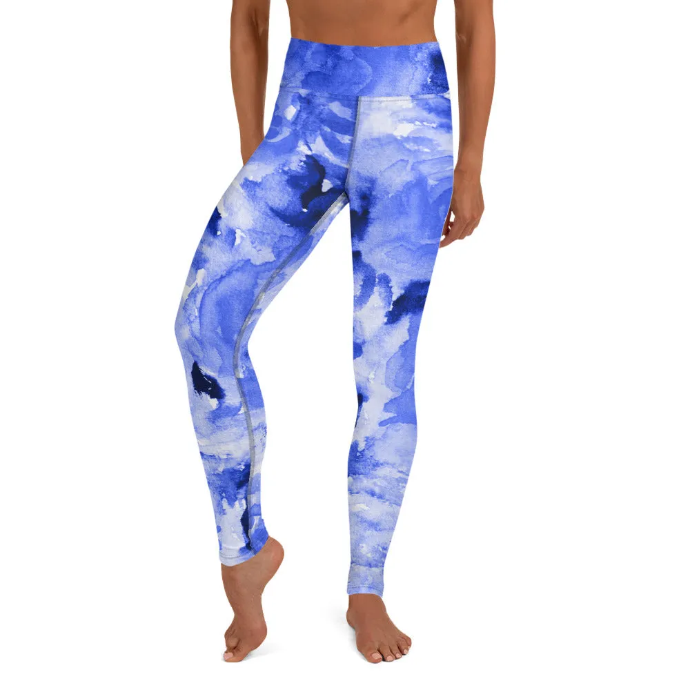 Blue Floral Print Yoga Leggings, Flower Rose Printed Women's Long Gym Tights-Made in USA/EU/MX