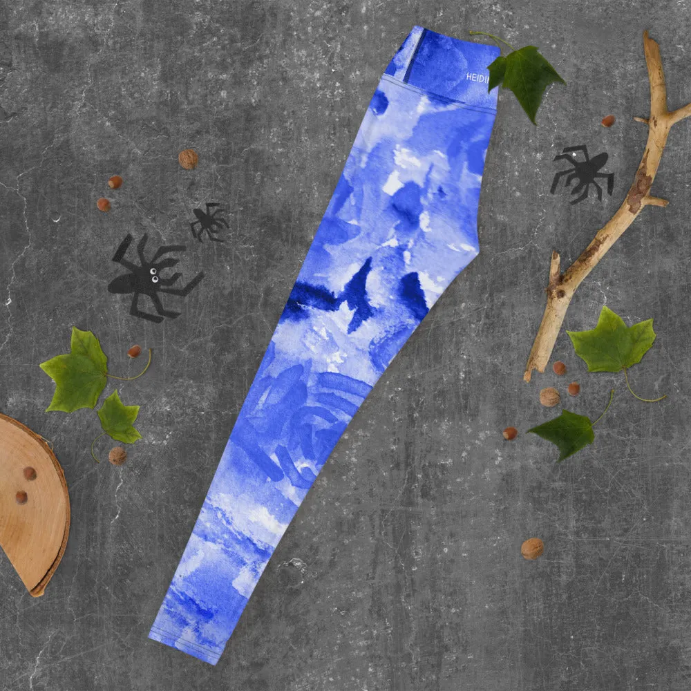 Blue Floral Print Yoga Leggings, Flower Rose Printed Women's Long Gym Tights-Made in USA/EU/MX