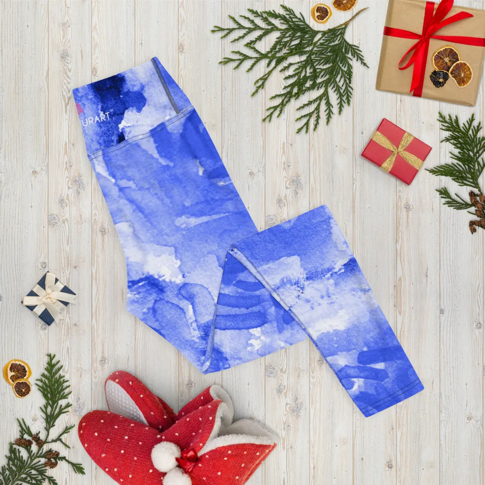 Blue Floral Print Yoga Leggings, Flower Rose Printed Women's Long Gym Tights-Made in USA/EU/MX