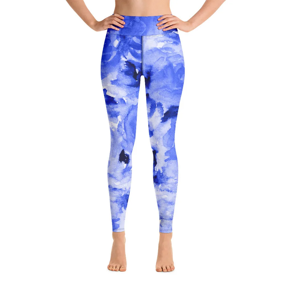 Blue Floral Print Yoga Leggings, Flower Rose Printed Women's Long Gym Tights-Made in USA/EU/MX