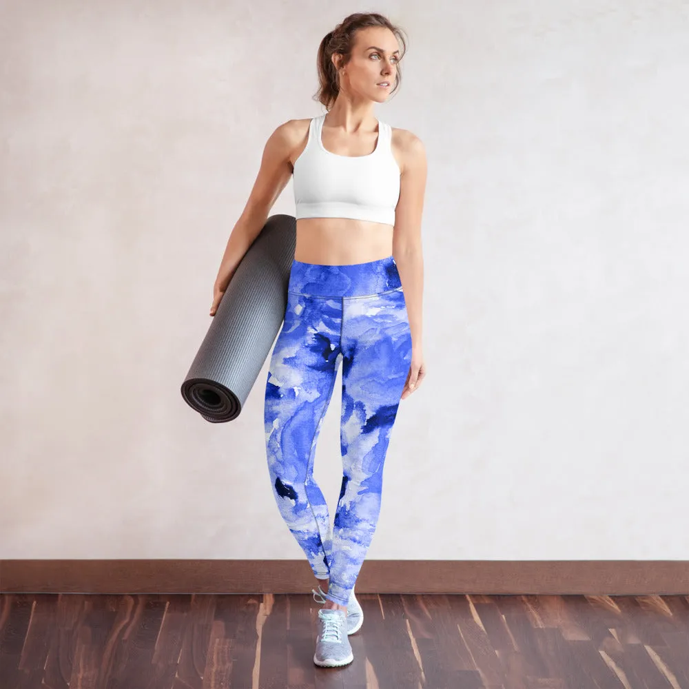 Blue Floral Print Yoga Leggings, Flower Rose Printed Women's Long Gym Tights-Made in USA/EU/MX
