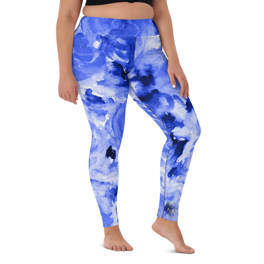 Blue Floral Print Yoga Leggings, Flower Rose Printed Women's Long Gym Tights-Made in USA/EU/MX