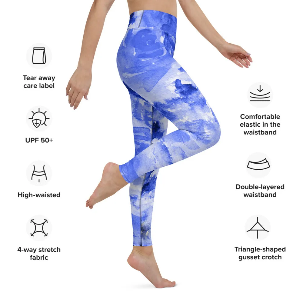 Blue Floral Print Yoga Leggings, Flower Rose Printed Women's Long Gym Tights-Made in USA/EU/MX