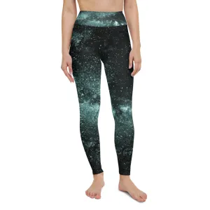 Blue Galaxy Print Yoga Leggings, Greenish Blue Space Galaxies Women's Long Yoga Pants-Made in USA/EU/MX