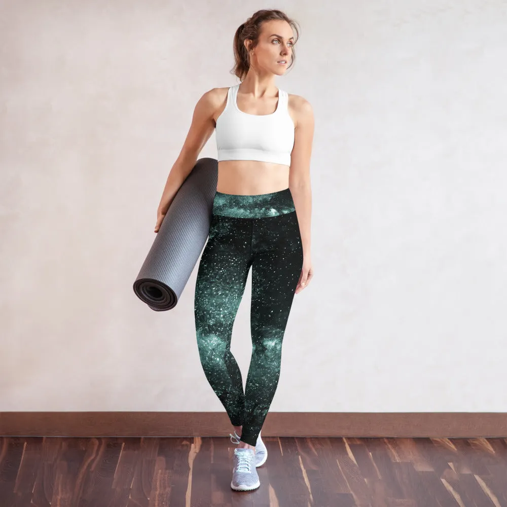 Blue Galaxy Print Yoga Leggings, Greenish Blue Space Galaxies Women's Long Yoga Pants-Made in USA/EU/MX
