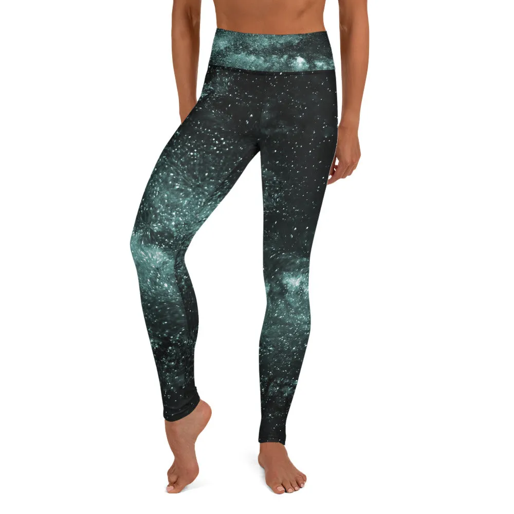 Blue Galaxy Print Yoga Leggings, Greenish Blue Space Galaxies Women's Long Yoga Pants-Made in USA/EU/MX