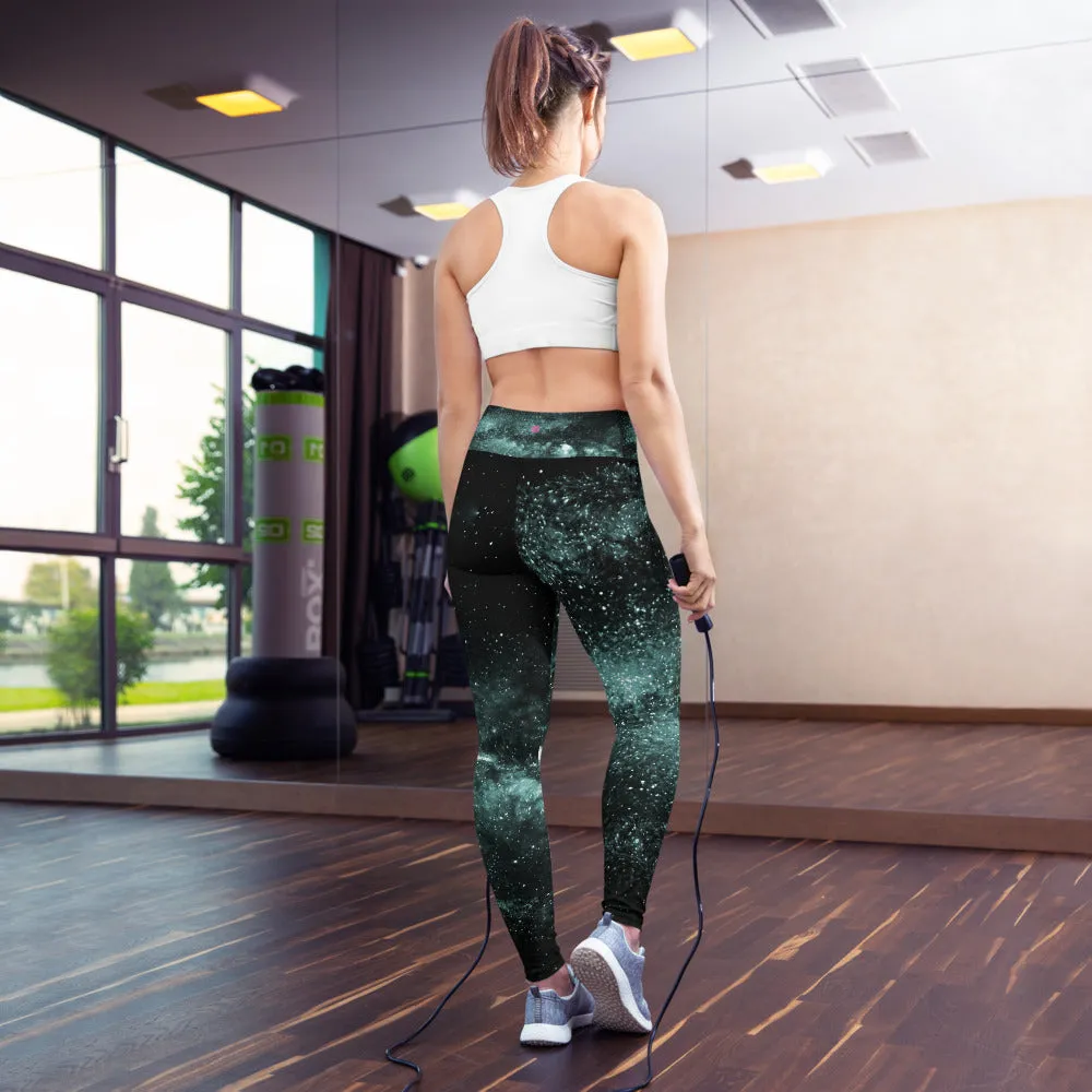 Blue Galaxy Print Yoga Leggings, Greenish Blue Space Galaxies Women's Long Yoga Pants-Made in USA/EU/MX