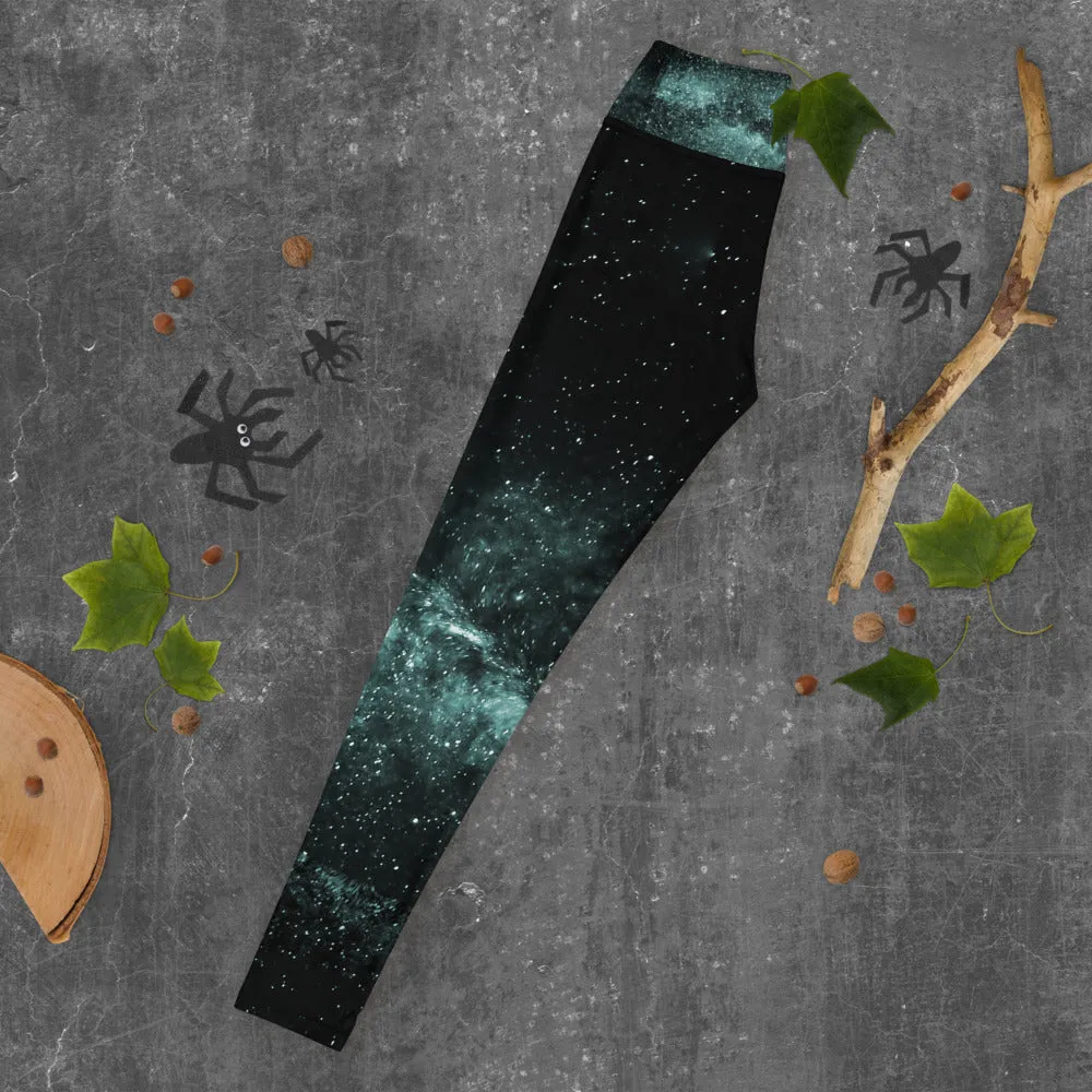 Blue Galaxy Print Yoga Leggings, Greenish Blue Space Galaxies Women's Long Yoga Pants-Made in USA/EU/MX