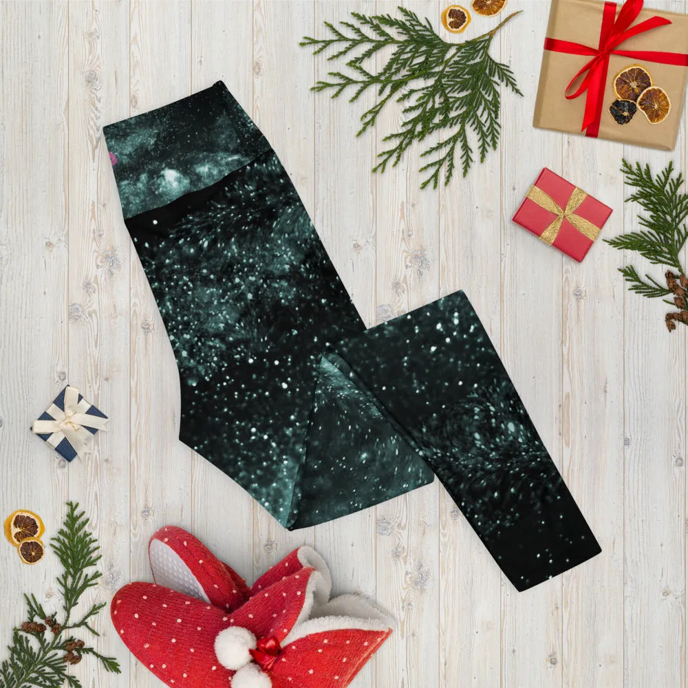 Blue Galaxy Print Yoga Leggings, Greenish Blue Space Galaxies Women's Long Yoga Pants-Made in USA/EU/MX
