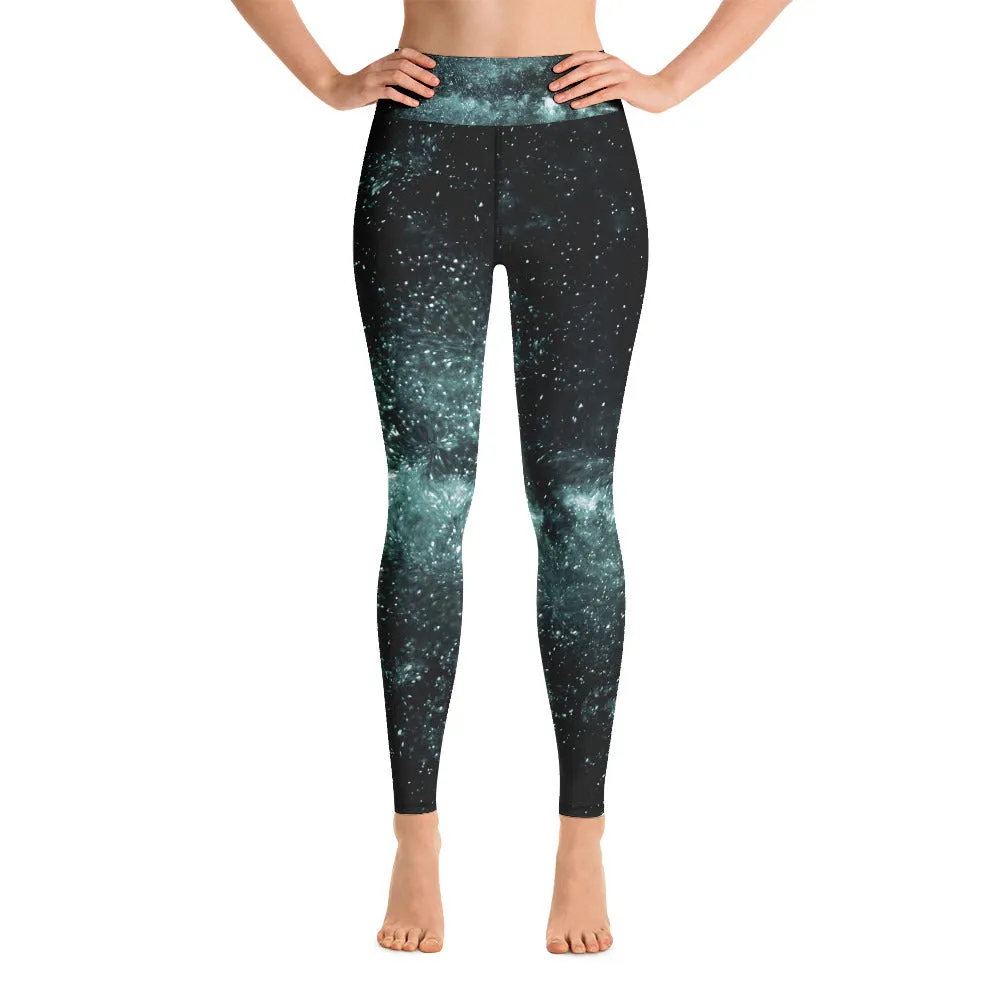 Blue Galaxy Print Yoga Leggings, Greenish Blue Space Galaxies Women's Long Yoga Pants-Made in USA/EU/MX