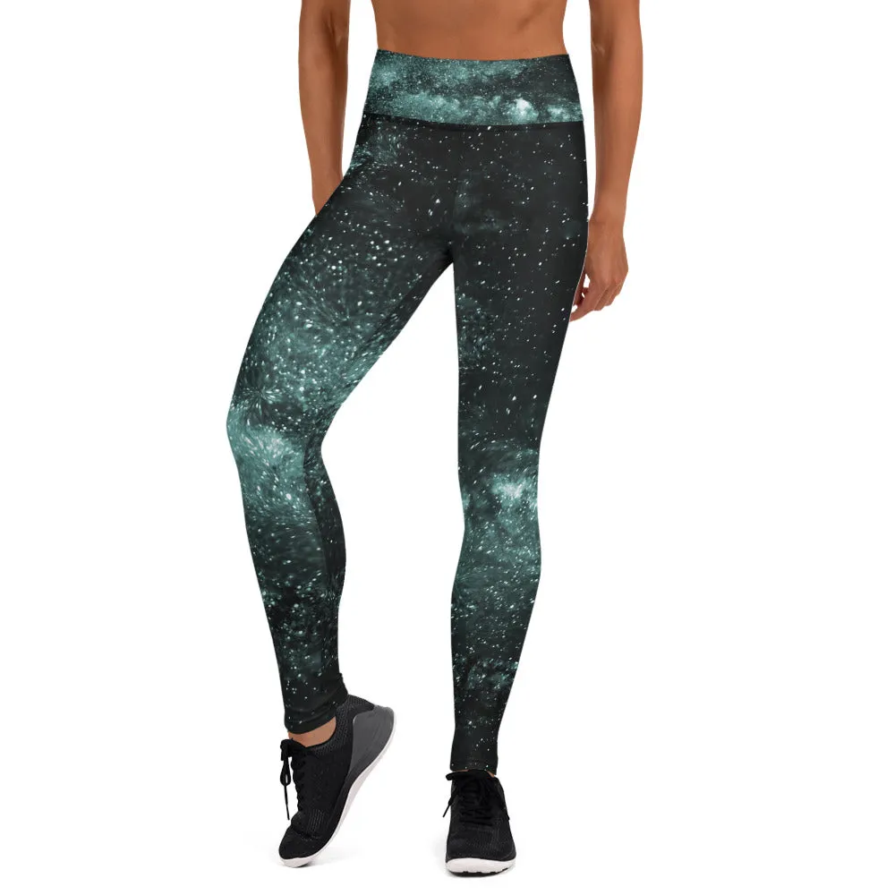 Blue Galaxy Print Yoga Leggings, Greenish Blue Space Galaxies Women's Long Yoga Pants-Made in USA/EU/MX