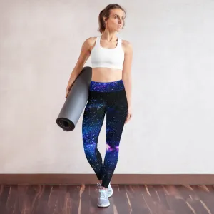 Blue Galaxy Women's Yoga Leggings, Purple Space Print Long Gym Tights-Made in USA/EU/MX
