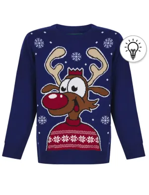 Boy's Happy Deer LED Light Up Novelty Christmas Jumper in Sapphire - Merry Christmas Kids (4-12yrs)