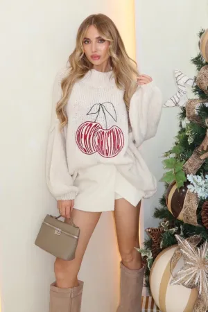 Cherry christmas cream embroidered knitted jumper