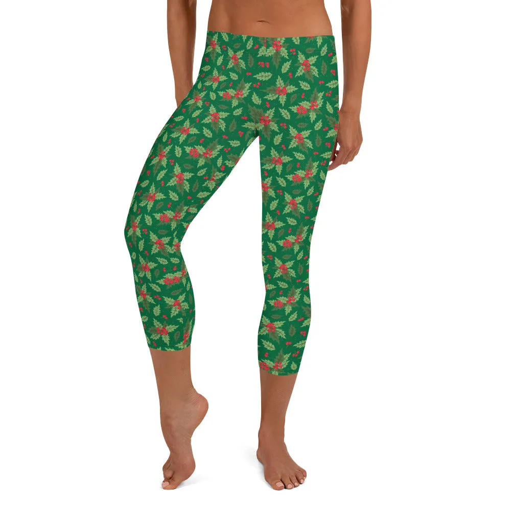 Christmas Holly Capri Leggings (Kelly Green)