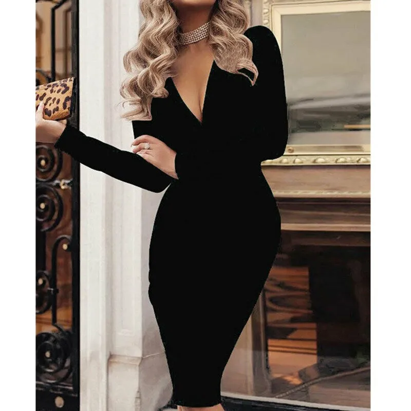 DressBetty - Long Sleeve Deep V-Neck Bandage Bodycon Evening Party Dress Plus Size S-XXL