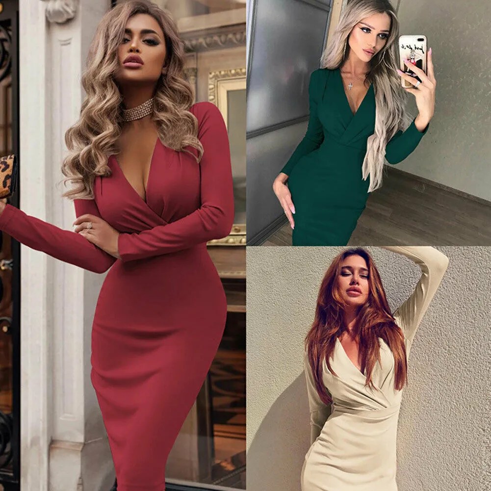 DressBetty - Long Sleeve Deep V-Neck Bandage Bodycon Evening Party Dress Plus Size S-XXL