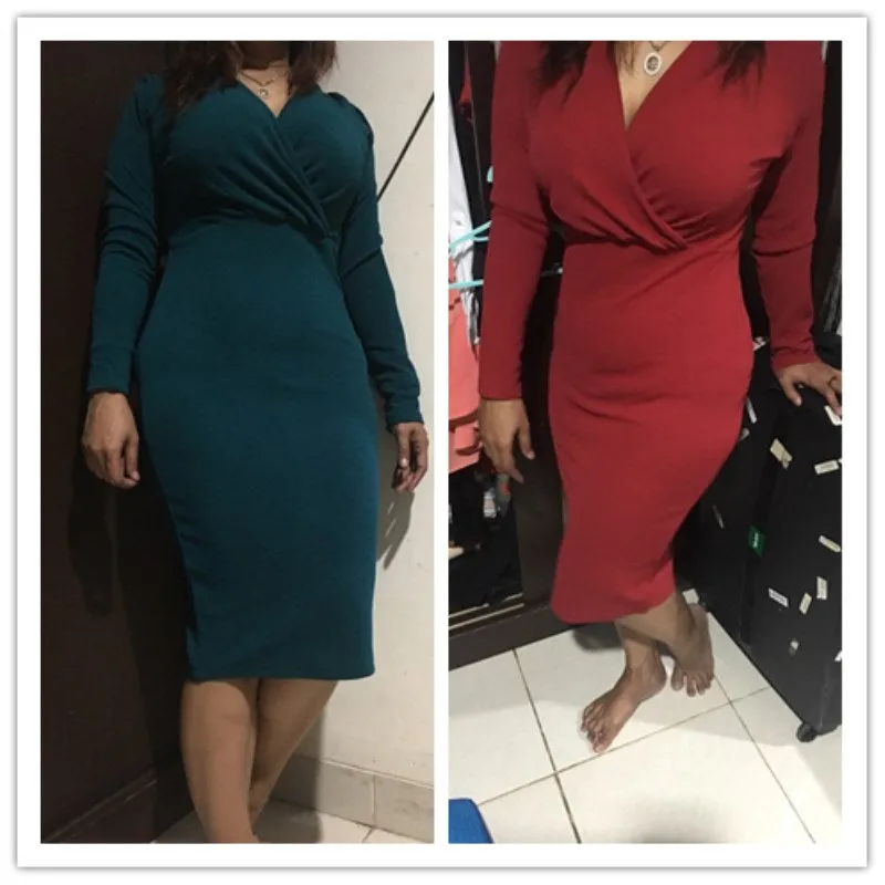 DressBetty - Long Sleeve Deep V-Neck Bandage Bodycon Evening Party Dress Plus Size S-XXL