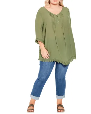 Ellie Pintuck Lace Top | Olive Green