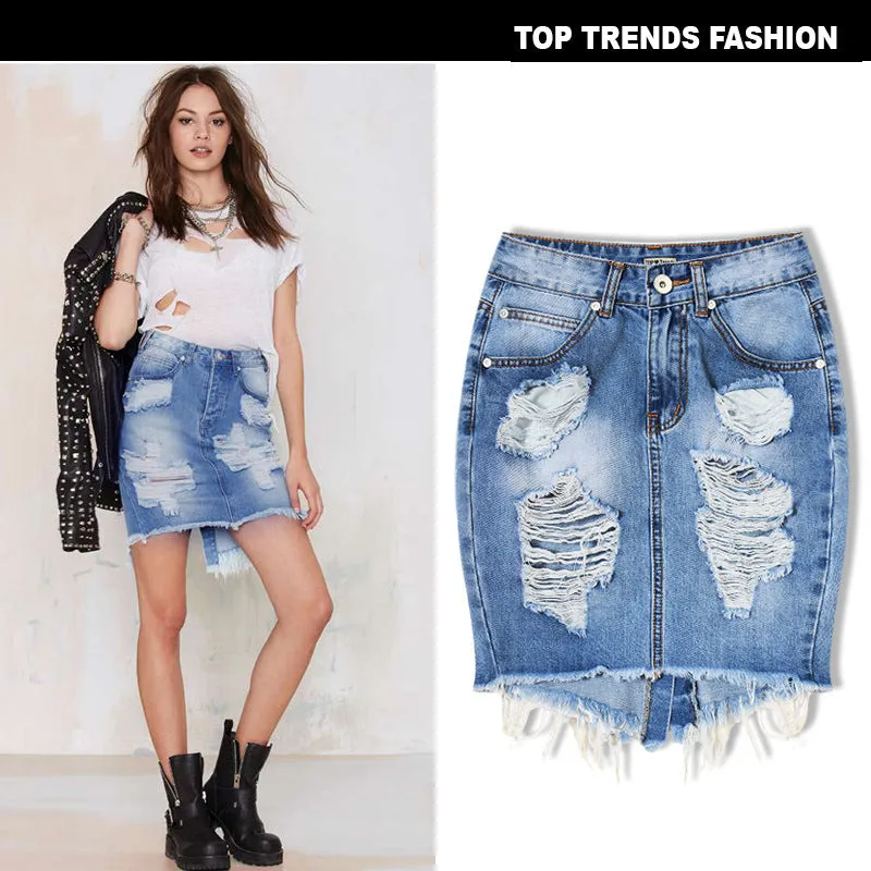 European and American women's high waist slim hole ladies denim bag hip skirt - Women's Bottom