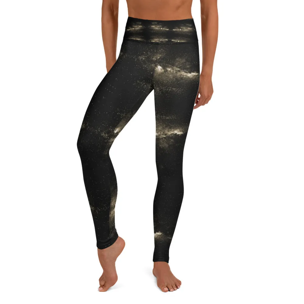 Galaxies Women's Yoga Leggings, Golden Galaxy Space Print Long Yoga Tights-Made in USA/EU/MX