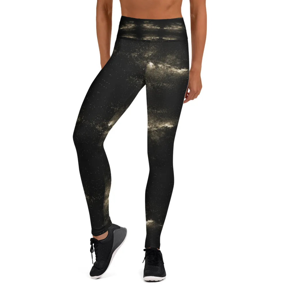 Galaxies Women's Yoga Leggings, Golden Galaxy Space Print Long Yoga Tights-Made in USA/EU/MX