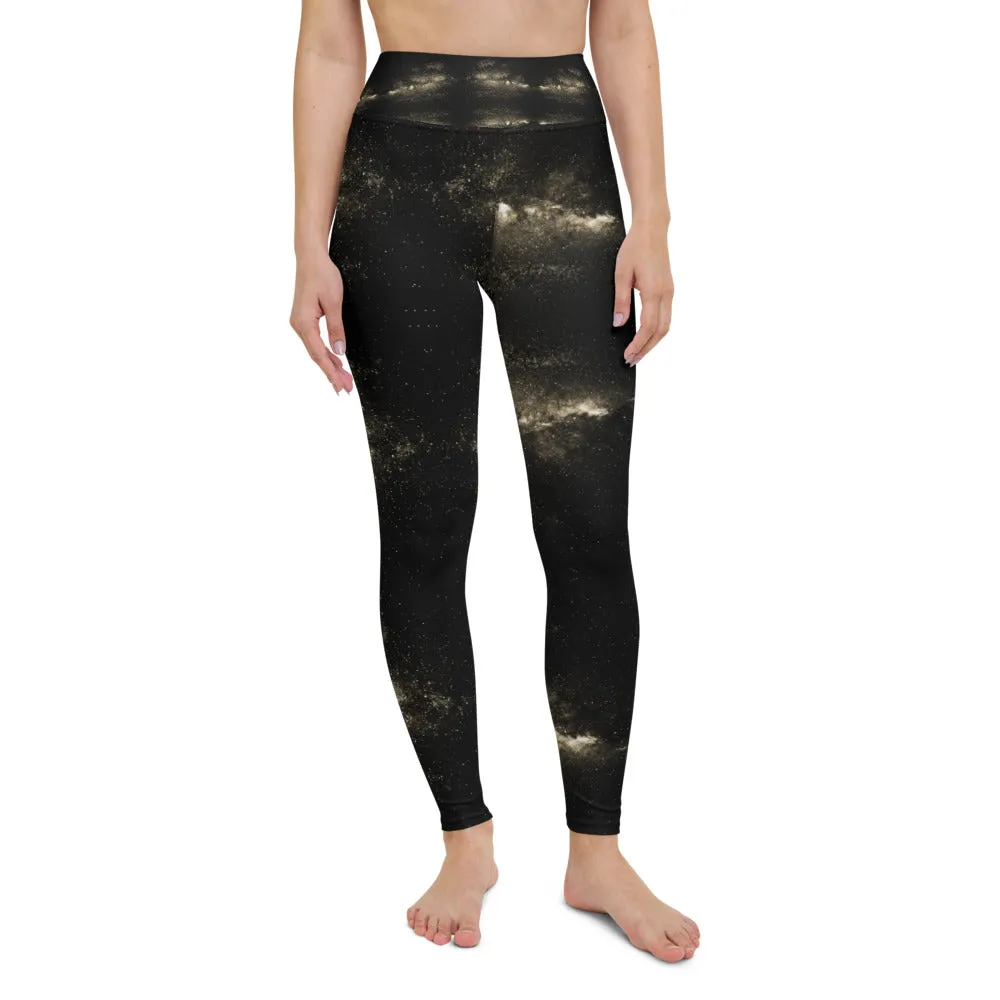 Galaxies Women's Yoga Leggings, Golden Galaxy Space Print Long Yoga Tights-Made in USA/EU/MX