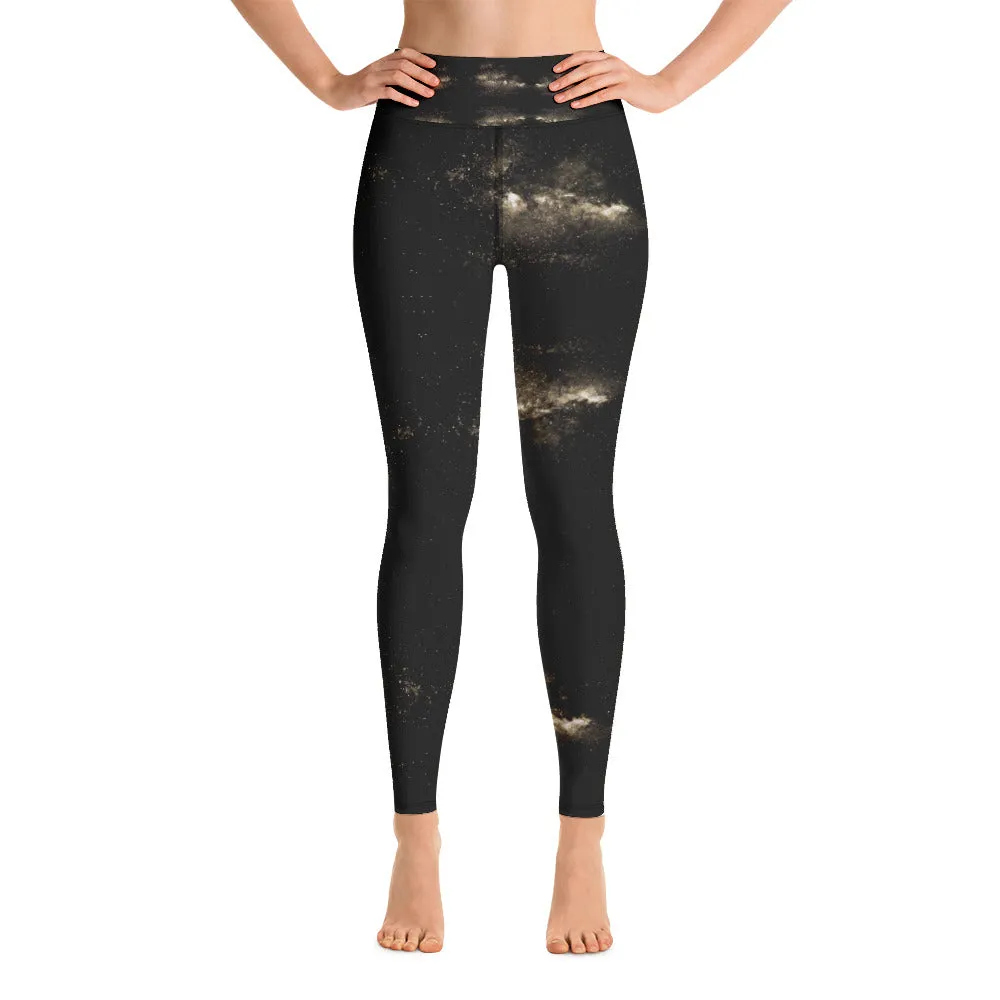 Galaxies Women's Yoga Leggings, Golden Galaxy Space Print Long Yoga Tights-Made in USA/EU/MX