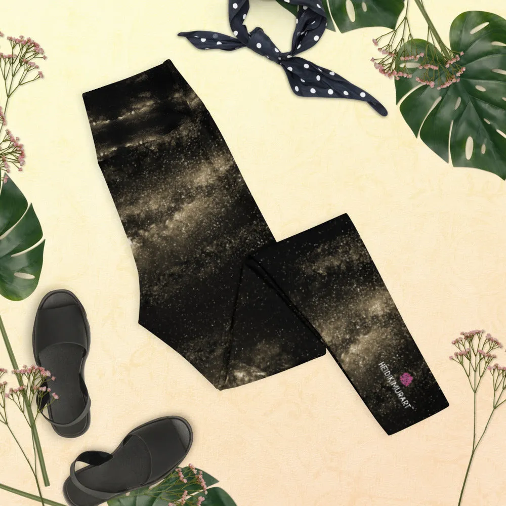 Galaxies Women's Yoga Leggings, Golden Galaxy Space Print Long Yoga Tights-Made in USA/EU/MX