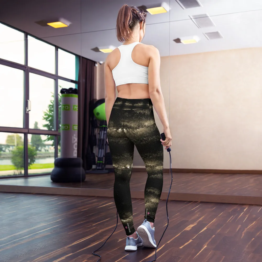 Galaxies Women's Yoga Leggings, Golden Galaxy Space Print Long Yoga Tights-Made in USA/EU/MX