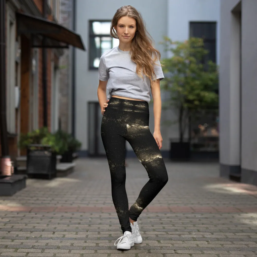 Galaxies Women's Yoga Leggings, Golden Galaxy Space Print Long Yoga Tights-Made in USA/EU/MX