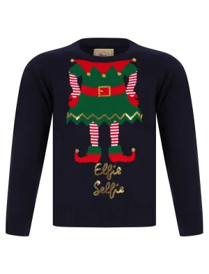 Girl's Elfie Selfie Motif Novelty Sequinned Christmas Jumper in Ink - Merry Christmas Kids (4-12yrs)