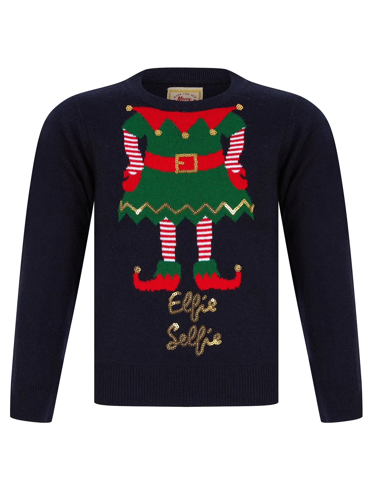 Girl's Elfie Selfie Motif Novelty Sequinned Christmas Jumper in Ink - Merry Christmas Kids (4-12yrs)