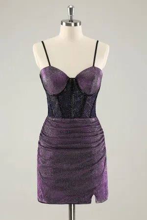 Glitter Dark Purple Pleated Corset Short Homecoming Dresses with Lace Up Back