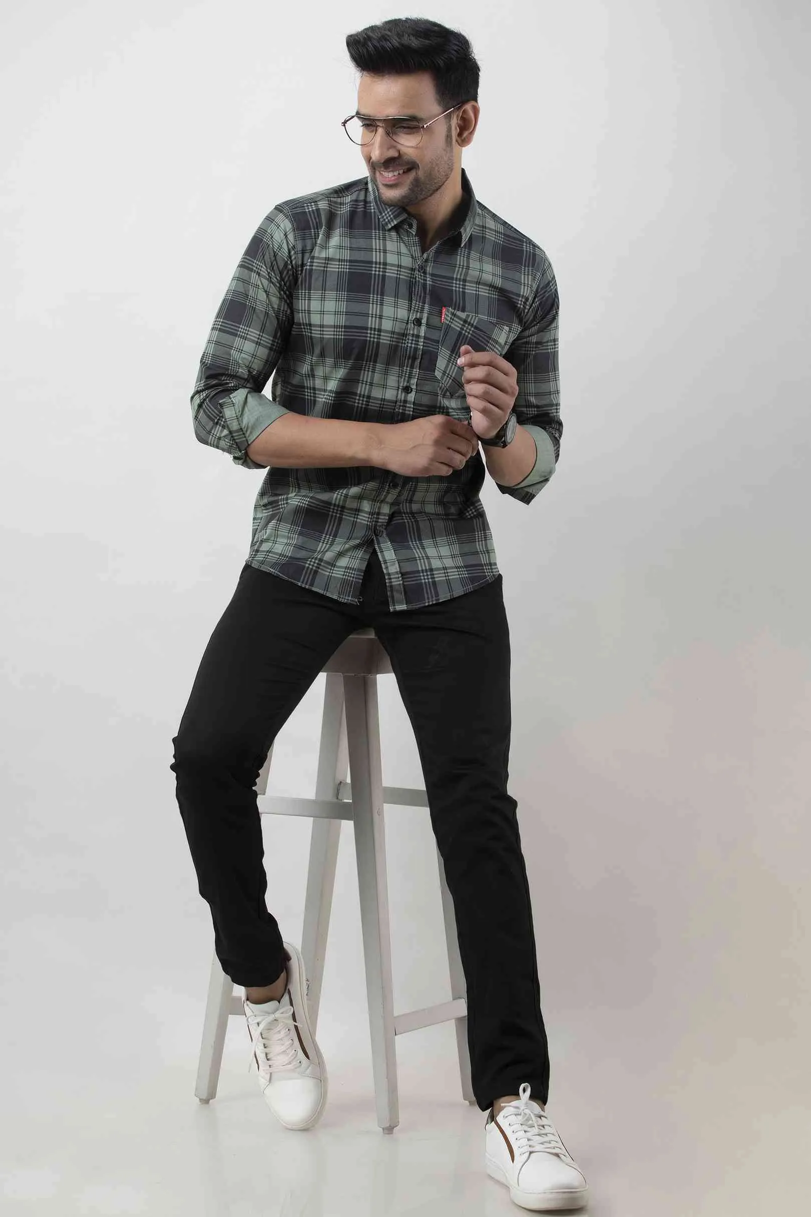 Green Checkered Pure Cotton Formal Shirt