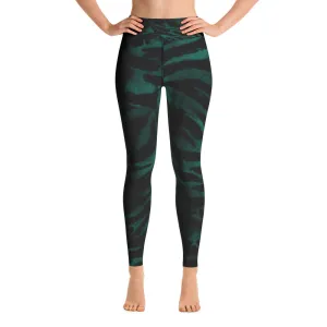 Green Tiger Stripe Print Women's Leggings, Animal Print Long Yoga Pants- Made in USA/EU