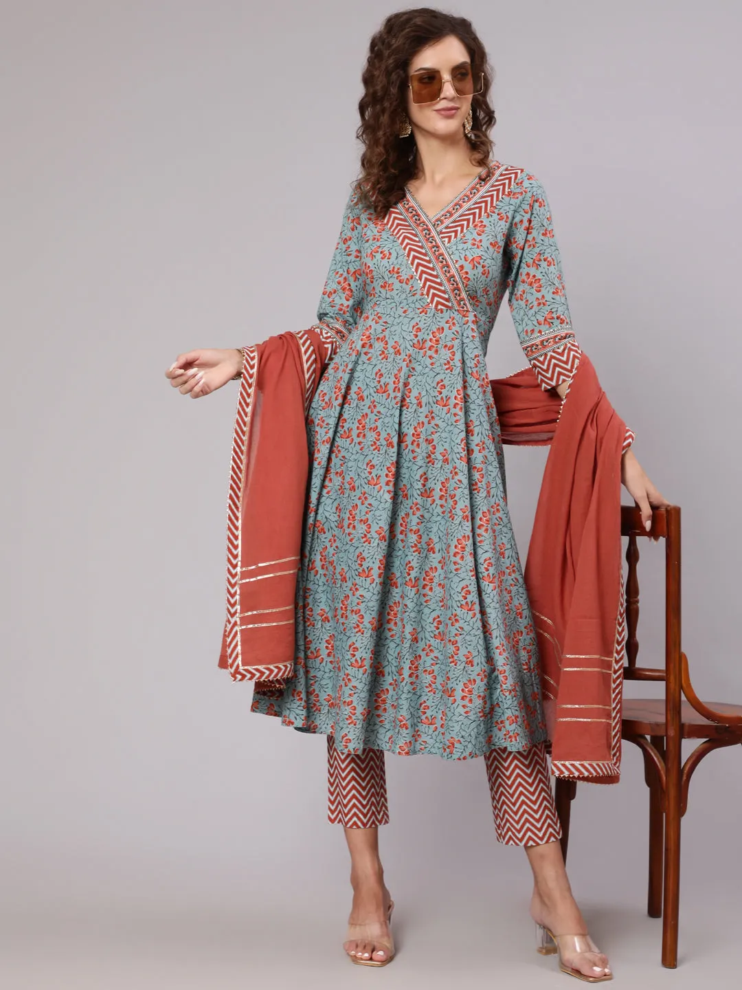 Grey Cotton Printed Embellished Anarkali Kurta With Pants And Dupatta