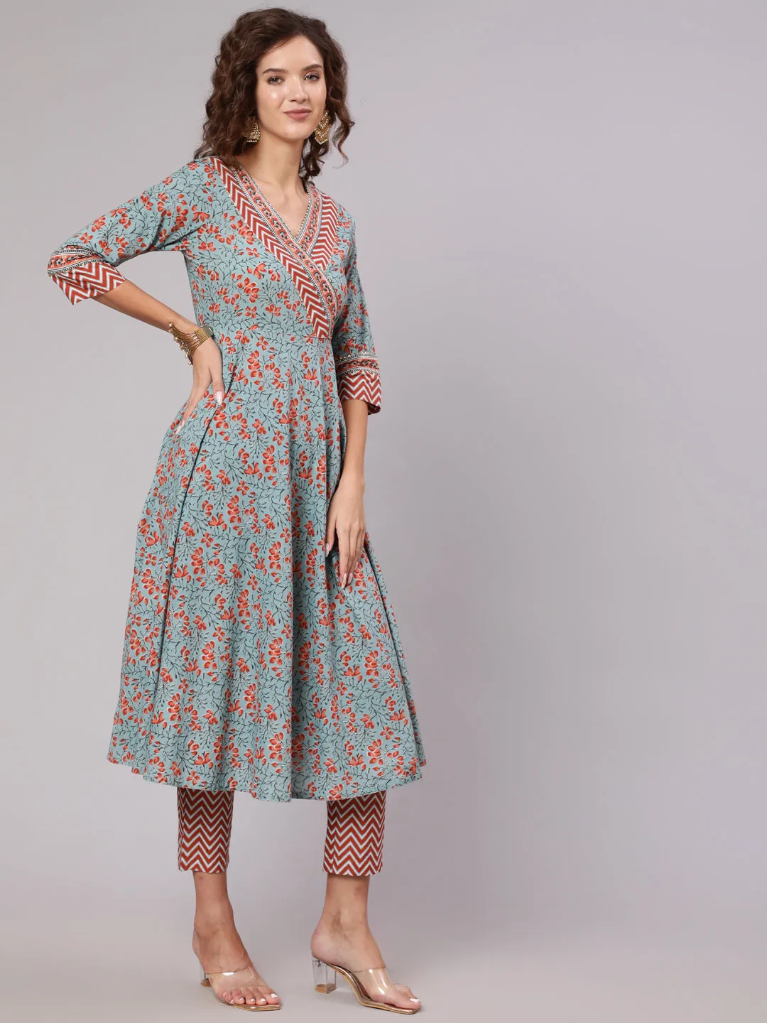 Grey Cotton Printed Embellished Anarkali Kurta With Pants And Dupatta